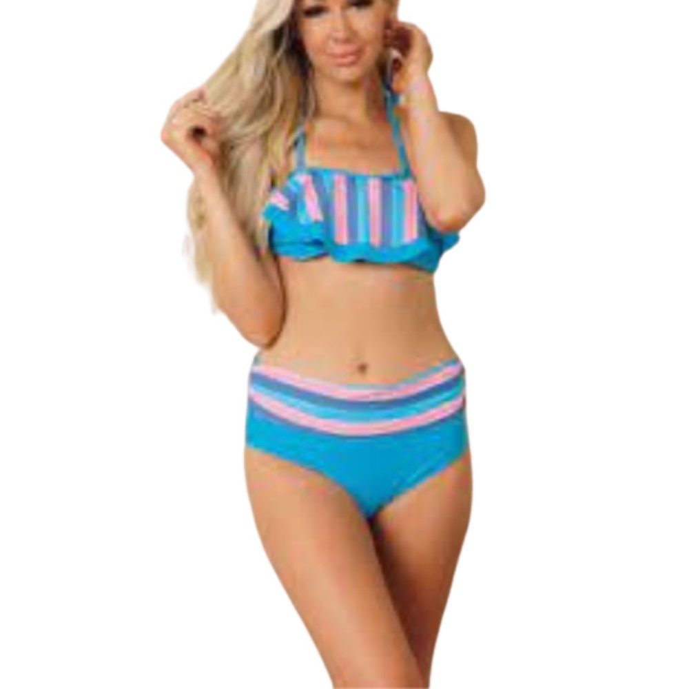 New Selma Stripe Ruffle High Rise Bikini Large